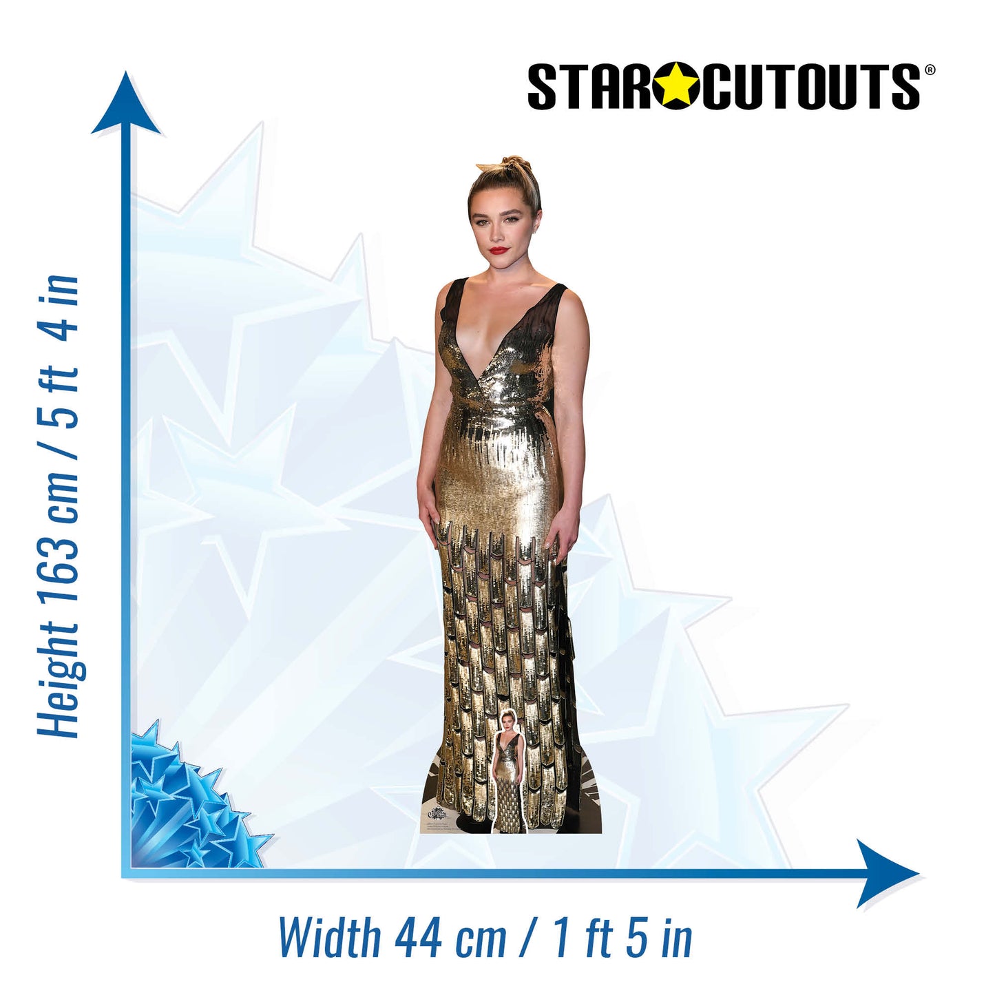 CS944 Florence Pugh Black Gold Dress Height 163cm Lifesize Cardboard Cut Out With Mini