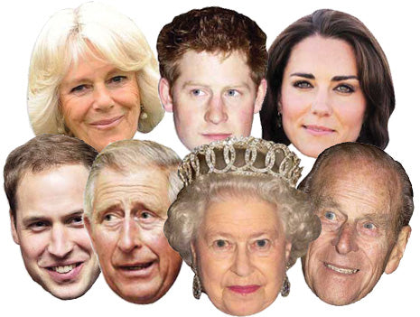 SMP1 Royal Family - Seven Pack assorted (Queen, Phillip, William, Harry, Kate, Charles & Camilla) Royals Seven Pack Cardboard Face Masks With Tabs and Elastic