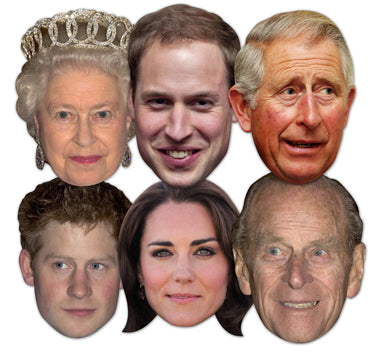 SMP2 Royal Family - (Queen, Phillip, William, Harry, Kate & Charles) British Royals Six Pack Cardboard Face Masks With Tabs and Elastic