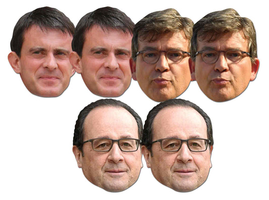 SMP414 2 x Valls 2 x Hollande 2 x Montebourg Politicians Six Pack Cardboard Face Masks With Tabs and Elastic