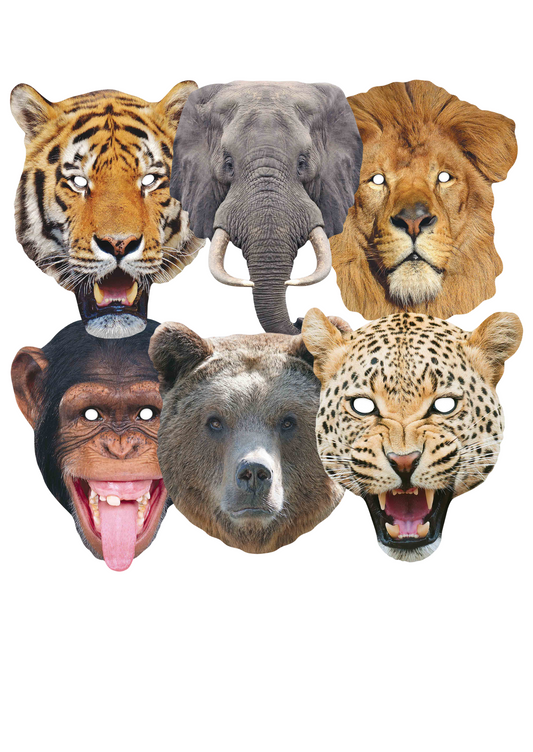 SMP425 Wild Animals s Includes Lion, Tiger, Bear, Chimpanzee, Elephant, Leopard Animals Six Pack Cardboard Face Masks With Tabs and Elastic