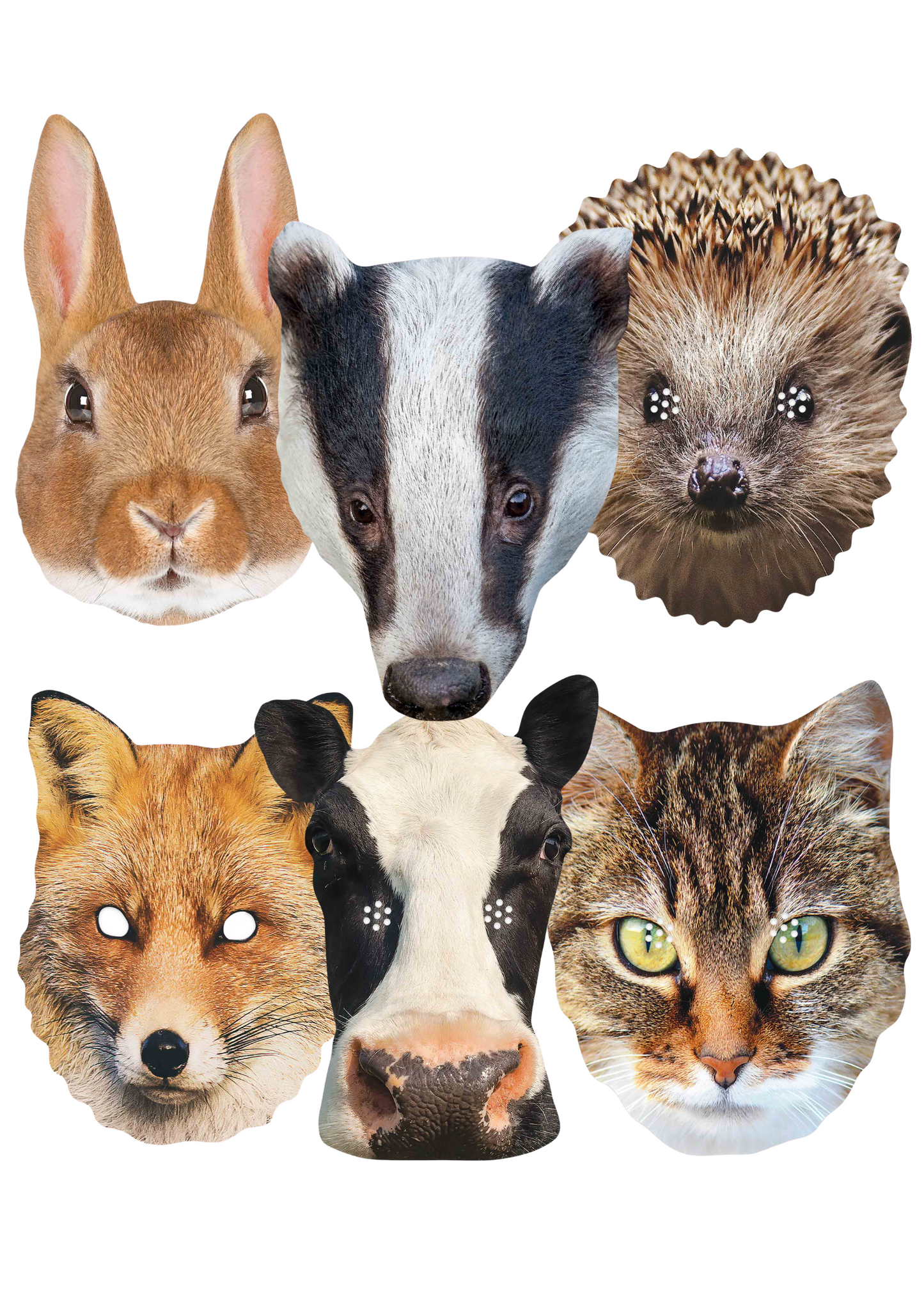 SMP426 British Countryside Animals s Includes Badger, Fox, Cow, Hedgehog, Cat, Rabbit Animals Six Pack Cardboard Face Masks With Tabs and Elastic