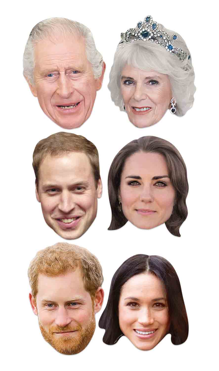 SMP452 Royal Connections - Contains Meghan, Harry, King Charles, Queen Camilla, Prince William, Catherine Princess of Wales British Royals Six Pack Cardboard Face Masks With Tabs and Elastic