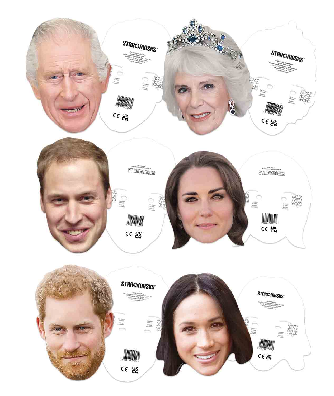 SMP452 Royal Connections - Contains Meghan, Harry, King Charles, Queen Camilla, Prince William, Catherine Princess of Wales British Royals Six Pack Cardboard Face Masks With Tabs and Elastic