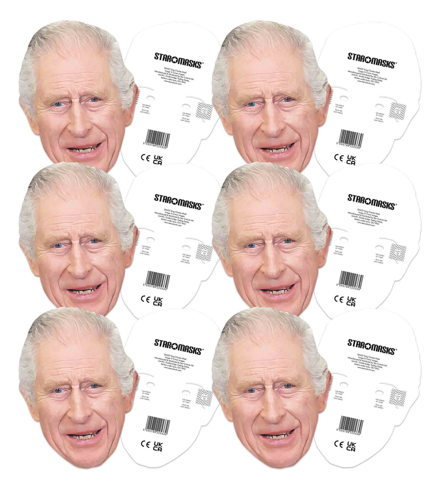 SMP468 
King Charles (SM437 x 6) British Royals Six Pack Cardboard Face Masks With Tabs and Elastic