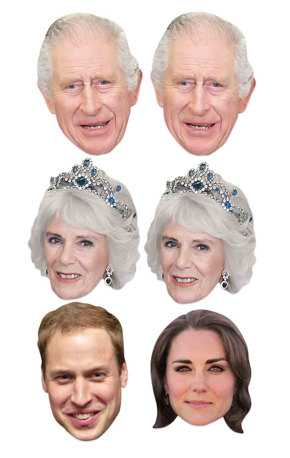 SMP501  New Royals - Includes King Charles x 2, Queen Camilla Consort x 2, Prince William and Princess Katherine British Royals Six Pack Cardboard Face Masks With Tabs and Elastic