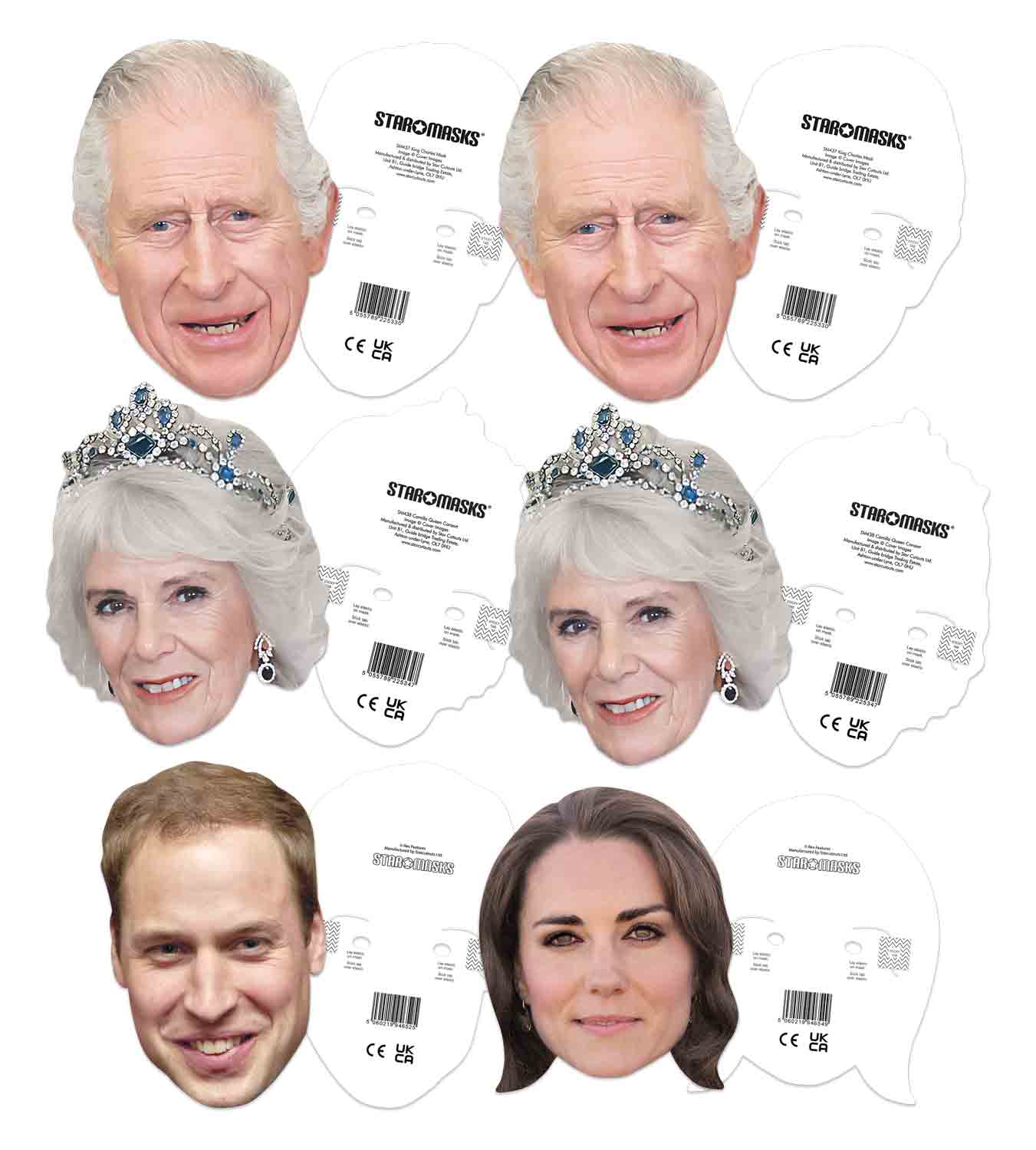 SMP501  New Royals - Includes King Charles x 2, Queen Camilla Consort x 2, Prince William and Princess Katherine British Royals Six Pack Cardboard Face Masks With Tabs and Elastic