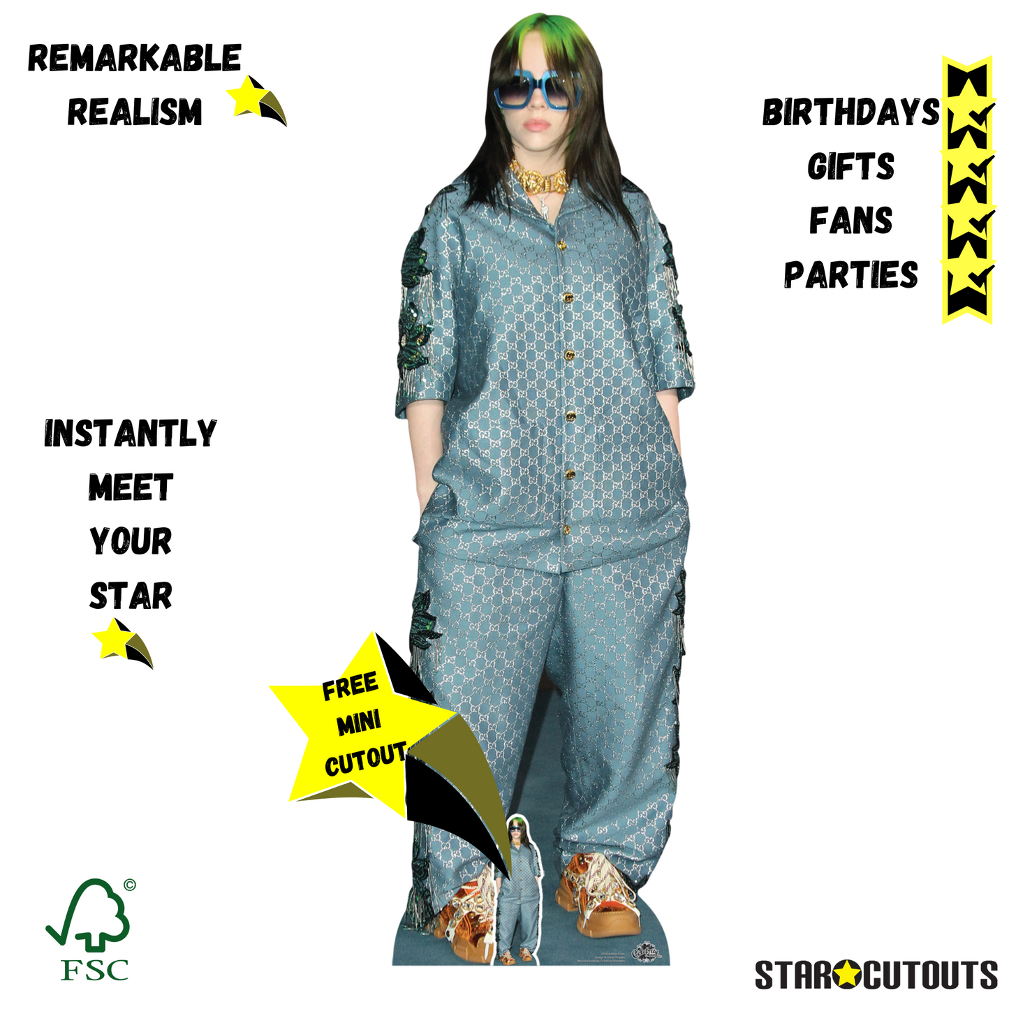 CS824 Billie Eilish Shades Green Hair Height 163cm Lifesize Cardboard Cut Out With Mini